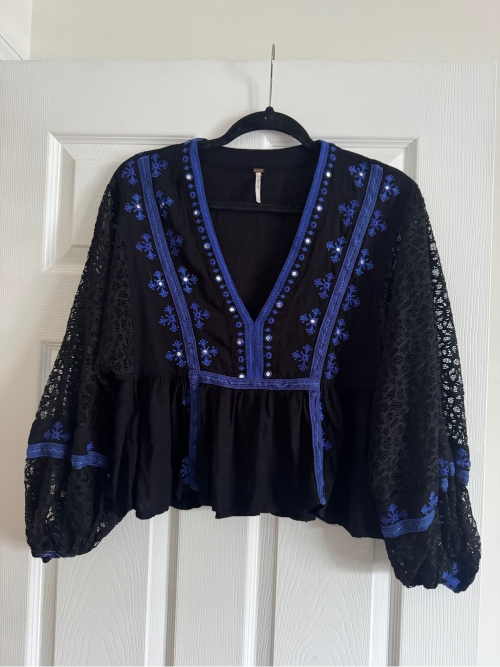 Free People balloon sleeve  Blouse with Royal Blue Embroidery